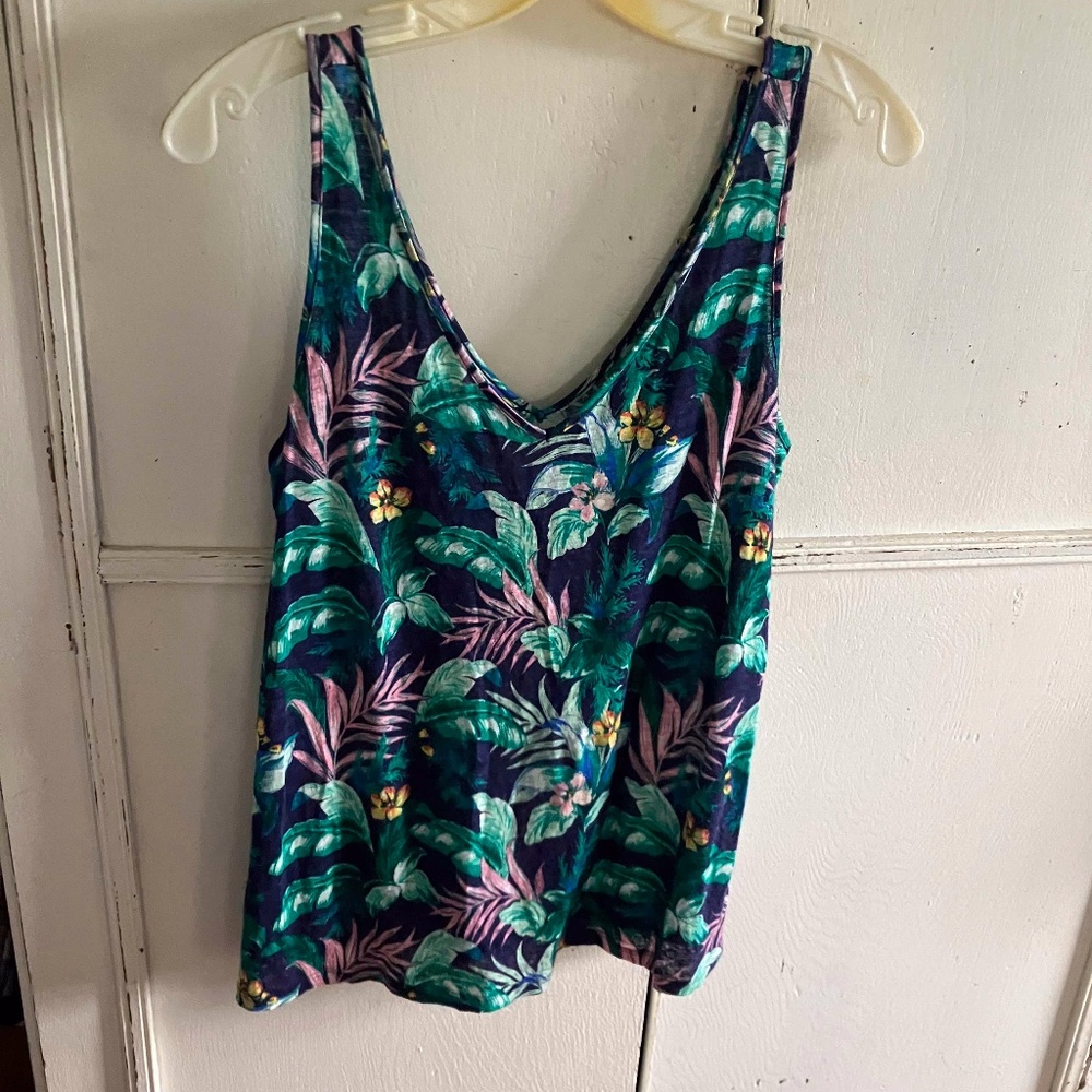 Loft Vibrant Tropical  Double V Tank Linen Knit  Excellent Size S/M